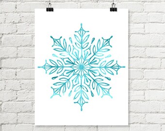 Snowflake Printable Art, Christmas Print Aqua Blue Watercolor Wall Art, Teal Blue Winter Decor Instant Digital Download 8x10