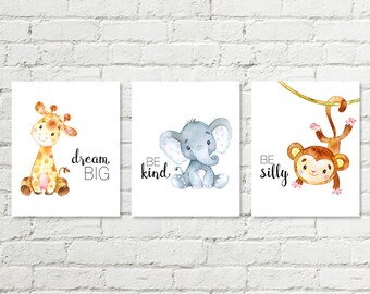 Boys Safari Nursery Print, Giraffe Dream Big, Blue Elephant Be Kind, Monkey Be Silly Baby Shower Gift Printable Wall Art 8x10 12x16 Download