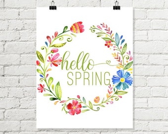 Hello Spring Print, Bright Floral Wreath Printable Wall Art Pink Blue Green Home Decor 8x10 11x14 Instant Digital Download