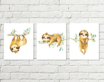 Sloth Printable Art, Sleepy Sloths Nursery Prints, Set of 3 Gender Neutral Watercolor Art, Baby Shower Gift