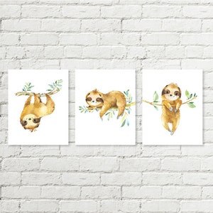 Sloth Printable Art, Sleepy Sloths Nursery Prints, Set of 3 Gender Neutral Watercolor Art, Baby Shower Gift