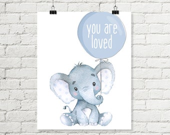 Elephant Nursery Art, You Are Loved Balloon Printable Wall Art, Boys Safari Watercolor Decor Grey Blue Download