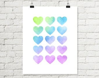 Rainbow Hearts Printable Art for Nursery, Watercolor Hearts Print, Green Blue Pink Baby Shower Print 8x10 Sign Instant Digital Download