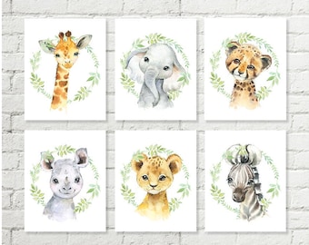 Safari Nursery Printable Art Green Leaves Africa Animals Giraffe Elephant Cheetah Rhino Lion Zebra Baby Shower Gift Set of 6, 8x10 11x14 A4
