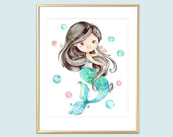 Mermaid Printable Wall Art, Girls Black Hair Mermaid Aqua Pink Watercolor Room Decor 8x10 Kids Bathroom Art Instant Download