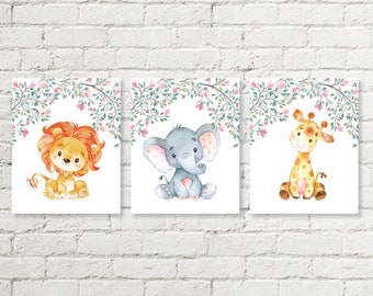 Safari Nursery Print, Baby Elephant Lion Giraffe Girls Printable Wall Art, Delicate Floral Blush Pink Green Decor 8x10 Instant Download