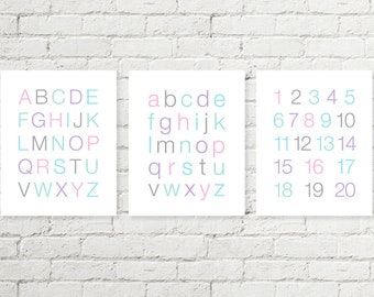 Girls Alphabet Prints, Kids ABC Poster, Numbers Sign Typographic Printable Wall Art, Pink Purple Blue Mint Grey 8x10 11x14 Digital Download