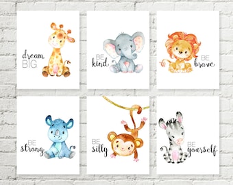 Safari Nursery Print Giraffe Elephant Lion Rhino Monkey Zebra Jungle Animals Printable Wall Art Baby Shower Gift 5x7 8x10 10x10 Set of 6