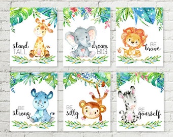 Jungle Safari Nursery Art with Sayings, Giraffe Elephant Lion Rhino Monkey Zebra Printable Wall Art 4 Sizes Baby Shower Gift Set of 6