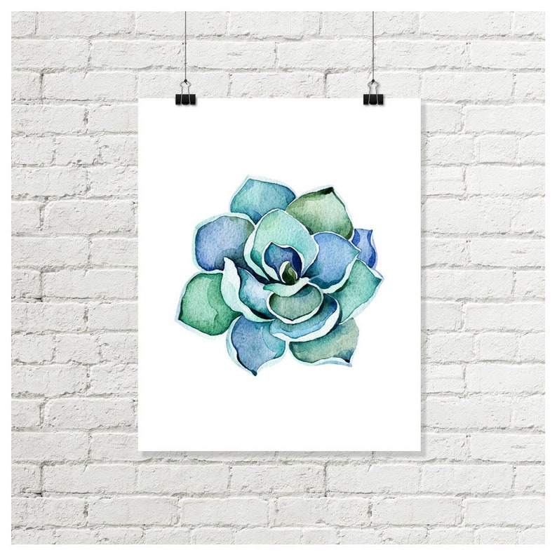 Succulent Print, Watercolor Cactus Printable Wall Art, Cacti Blue Green Art 5x7 8x8 8x10 11x14 Bathroom Wall Decor Instant Digital Download image 4