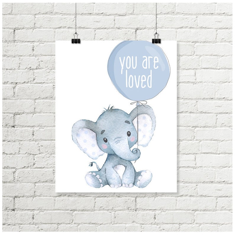 Blue elephant holding balloon with you are loved printable nursery art.