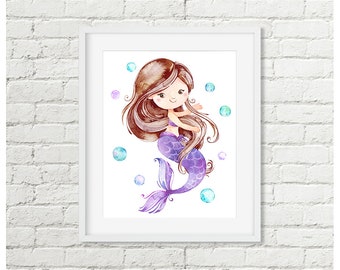 Mermaid Printable Wall Art, Girls Brown Hair Purple Aqua Kids Seashore Bathroom Art Watercolor Room Decor Digital Download