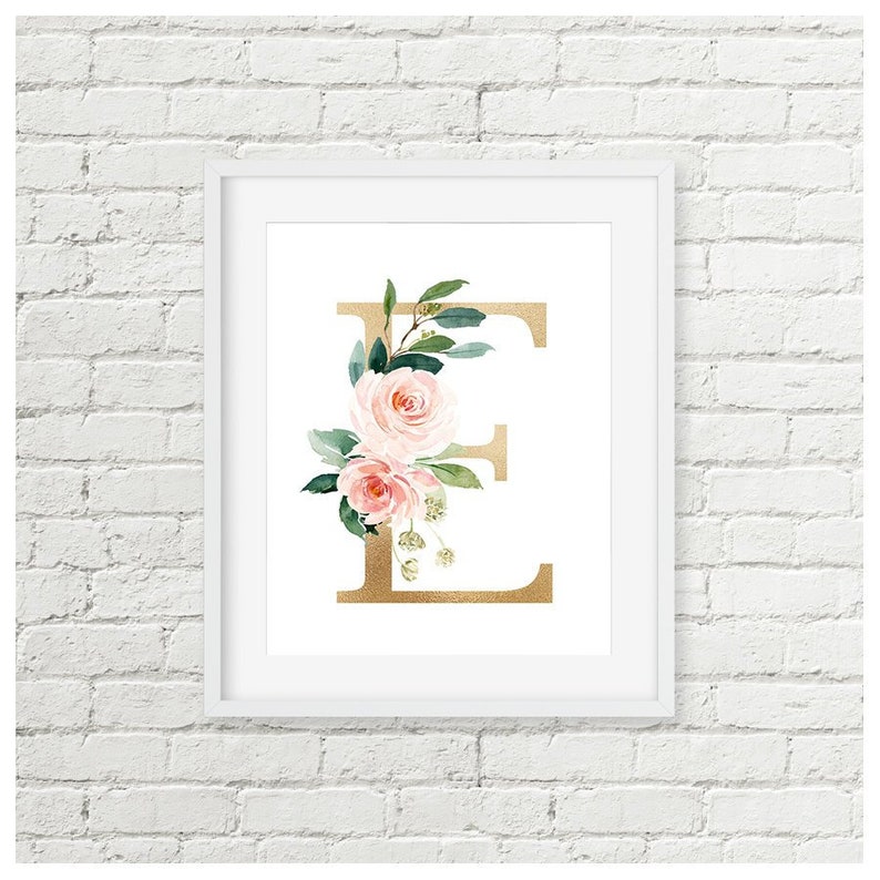 Custom gold letter with pink flowers printable art.