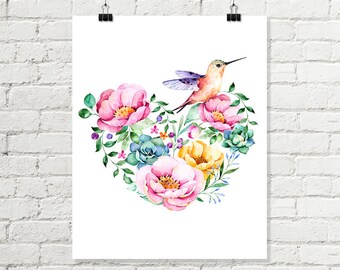 Floral Watercolor Heart Print, Flowers Hummingbird Printable Wall Art, Pink Yellow Green Art 8x10 11x14 Wall Decor Instant Digital Download