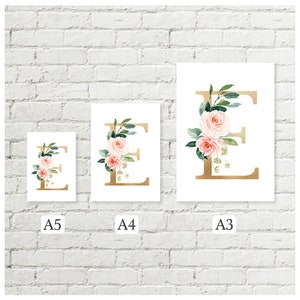 Flower Letter Wall Art, Custom Monogram Printable Art, Blush Pink Floral Gold Letter Baby Girl Nursery Art, Housewarming Gift image 3
