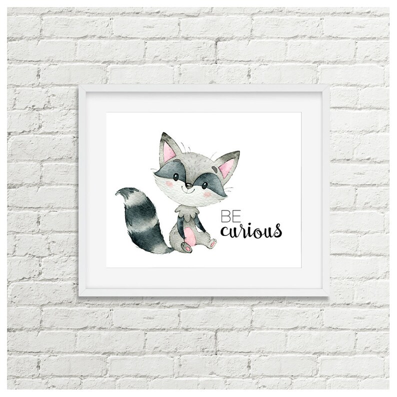 Woodland Nursery Decor Racoon Be Curious Print Animal