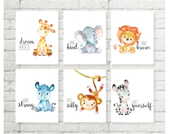 Safari Animal Nursery Prints, Jungle Printable Wall Art with Sayings, Giraffe Elephant Lion Rhino Monkey Zebra Baby Shower Gift Set of 6