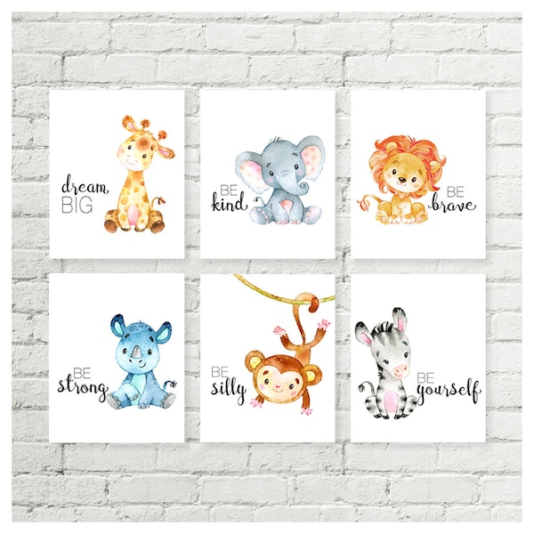 Safari Tier Kinderzimmer Drucke, Dschungel druckbare Wandkunst mit Sprüchen, Giraffe Elefant Löwe Nashorn Affe Zebra Baby Shower Geschenk Set von 6