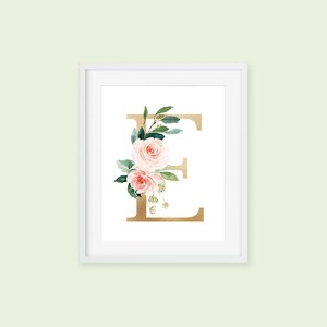 Flower Letter Wall Art, Custom Monogram Printable Art, Blush Pink Floral Gold Letter Baby Girl Nursery Art, Housewarming Gift image 5