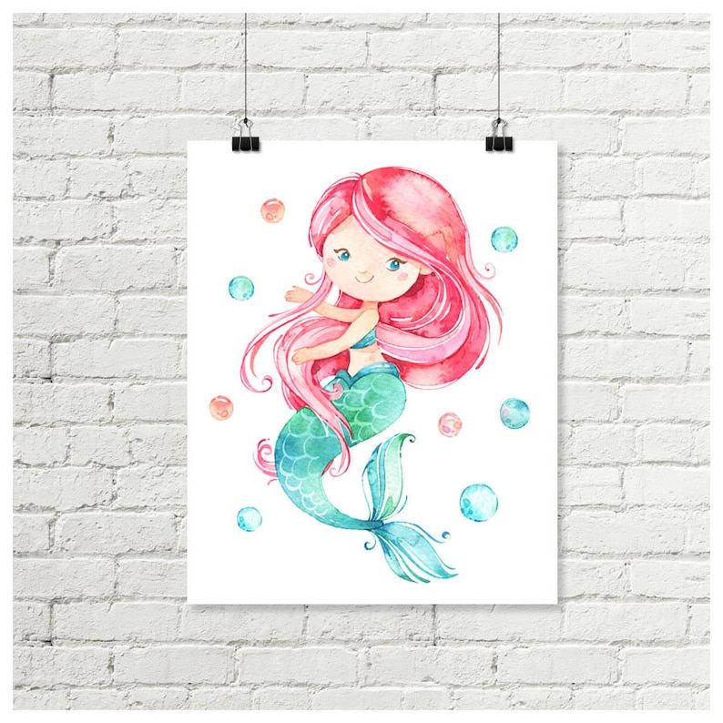 Mermaid Print Pink Hair Mermaid Printable Wall Art Girls Aqua | Etsy