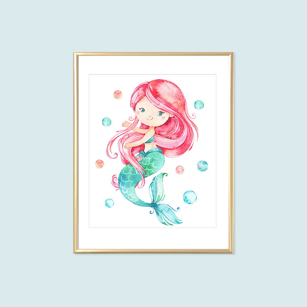 Mermaid Print Pink Hair Mermaid Printable Wall Art Girls Aqua - Etsy