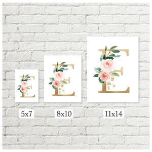 Flower Letter Wall Art, Custom Monogram Printable Art, Blush Pink Floral Gold Letter Baby Girl Nursery Art, Housewarming Gift image 2