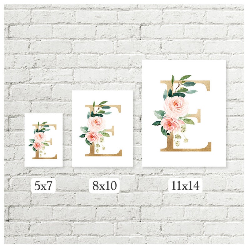 Flower Letter Wall Art, Custom Monogram Printable Art, Blush Pink Floral Gold Letter Baby Girl Nursery Art, Housewarming Gift image 2