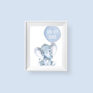 Elephant Nursery Art, You Are Loved Balloon Printable Wall Art, Boys Safari Watercolor Decor Grey Blue Download image 2