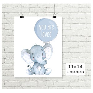 Elephant Nursery Art, You Are Loved Balloon Printable Wall Art, Boys Safari Watercolor Decor Grey Blue Download image 3