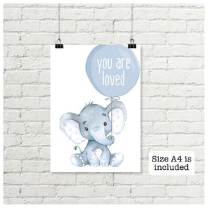 Elephant Nursery Art, You Are Loved Balloon Printable Wall Art, Boys Safari Watercolor Decor Grey Blue Download image 4