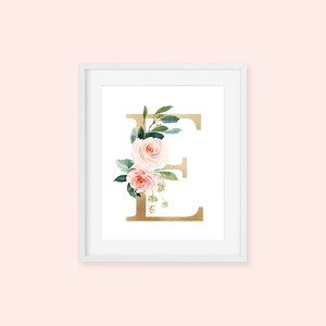 Flower Letter Wall Art, Custom Monogram Printable Art, Blush Pink Floral Gold Letter Baby Girl Nursery Art, Housewarming Gift image 6