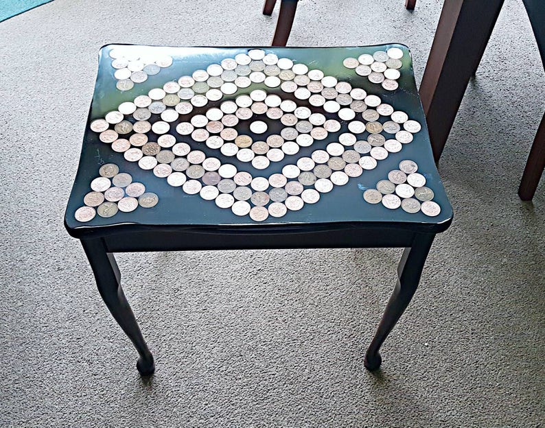 Penny Table Upcycled Penny Table Side Table Coffee Table Coin Table Coin Top Table Resin Table