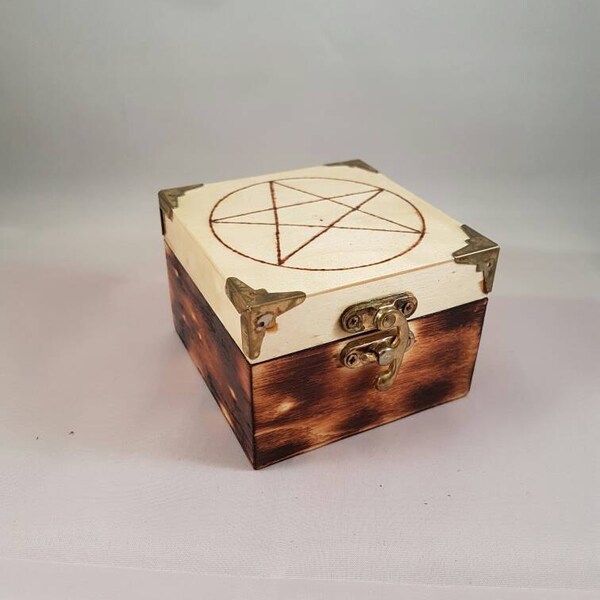 Pentacle keepsake box,  small wooden handmade box, crystal storage box, jewellery storage box, pyrography burned box