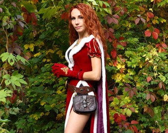 Red medieval queen princess wizard dress with cloak and gloves