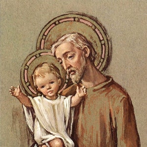 Saint Joseph and Child Jesus  - 4&quot; x 11&quot; Unframed Vintage Catholic Print Picture from Italy