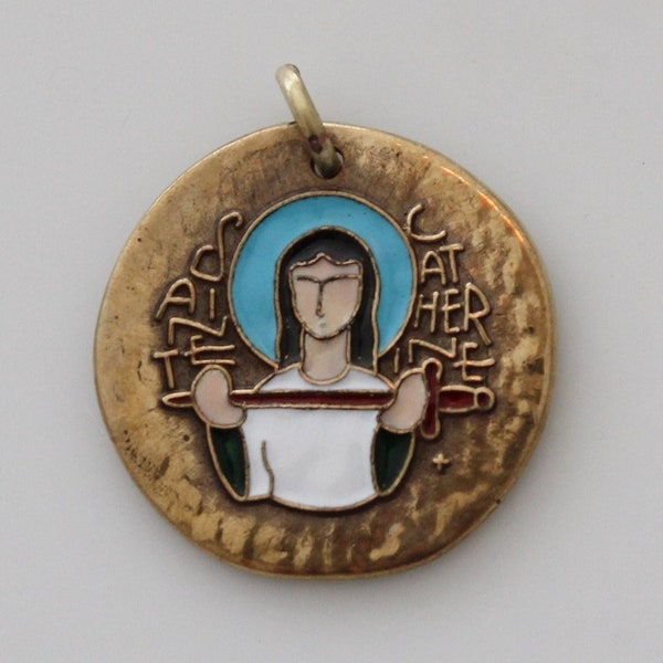 Vintage French Bronze and Enamel Saint Catherine of Alexandria Modernist Medal | Elie Pellegrin