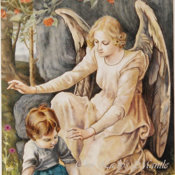 Guardian Angel Protecting Little Boy From Snake ~ 3 5/8" wide x 5 5/8" tall Holy Card Print Picture from Italy