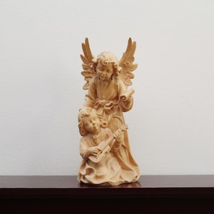 Excellent 10&quot; Hand Carved Wood Guardian Angel with Child Playing Guitar (Natural Wood) | Val Gardena, Italy