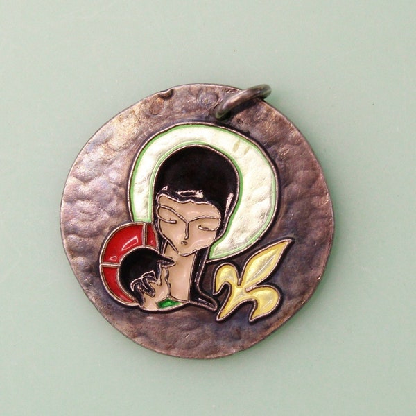 Vintage French Silver and Enamel Madonna and Child Medal | Elie Pellegrin