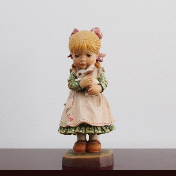 Rare 7" Anri Sarah Kay Hand Carved Wood 'Spring Delight' Figurine | Girl Hugging Bunny | Limited Edition | Italy