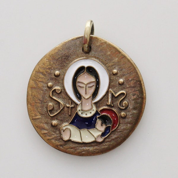 Vintage French Bronze and Enamel Madonna and Child Modernist Medal | Elie Pellegrin