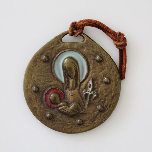 2 3/4" French Bronze and Enamel Virgin Mary Madonna Medal | Elie Pellegrin