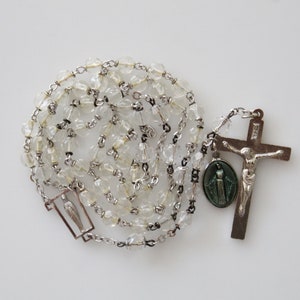 20&quot; Vintage Dimpled Glass Beads Catholic Rosary | I Am a Catholic in Case of an Accident Notify a Priest Crucifix