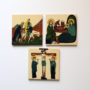 Lot of 3 Excellent Religious Ceramic Tiles Plaques 'Flight into Egypt, Birth of Jesus, Crucifixion' | Handcrafted in Jerusalem