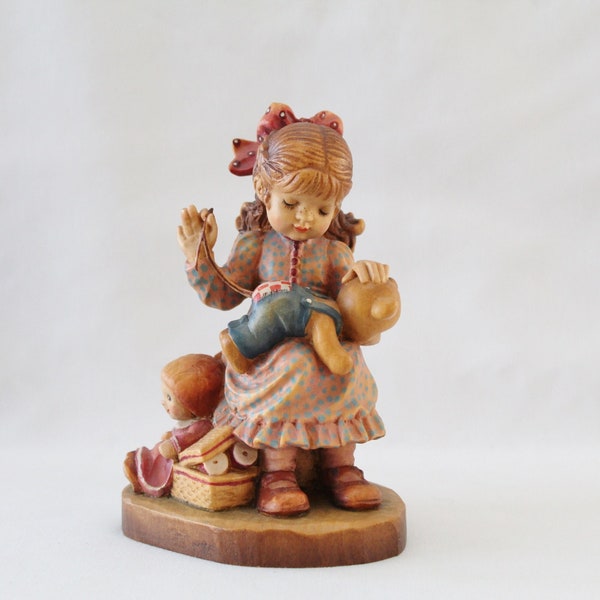 Excellent 5-3/4" ANRI Sarah Kay Hand Carved Polychrome Wood 'Good As New' Girl Mending Toy Teddy Figurine | Limited Edition | Italy