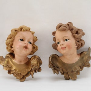 Pair of 6-1/4&quot; Italian Italian Hand Painted Terra-Cotta Winged Cherub Angel Heads