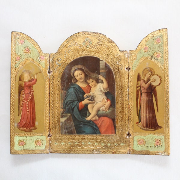 5-1/2" Virgin of the Grapes (Madonna del Grappolo) Altar Piece Travel Shrine Florentine Triptych | Made in Florence, Italy