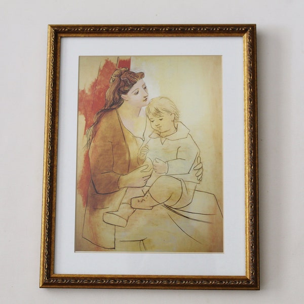15-1/4" Tall Vintage 'Maternite au Rideau Rouge' by Pablo Picasso (After) Print on Paper | In Glass Covered Wooden Frame