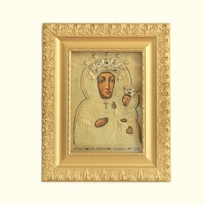 Very Nice 20&quot; Ars Christiana Bejeweled Black Madonna of Czestochowa in Glass Covered Wood Shadow Box | Made in Poland