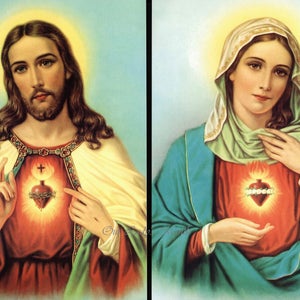 Sacred Heart of Jesus & Immaculate Heart of Mary - Matched Set of Two 5x7 Unframed Vintage Catholic Prints Pictures Art Printed in Italy